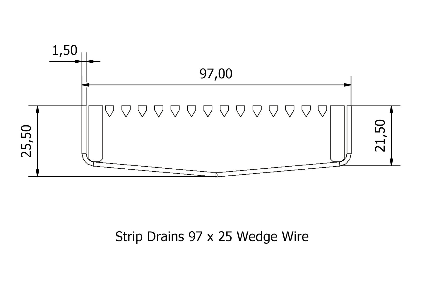 97mm x 25 mm x 2mm wedge wire strip drain assembly diagram.