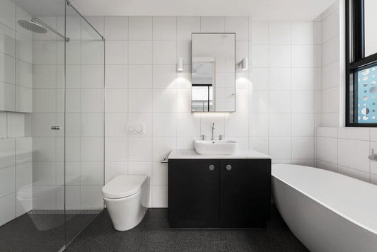 Linear drainage in bathroom.
