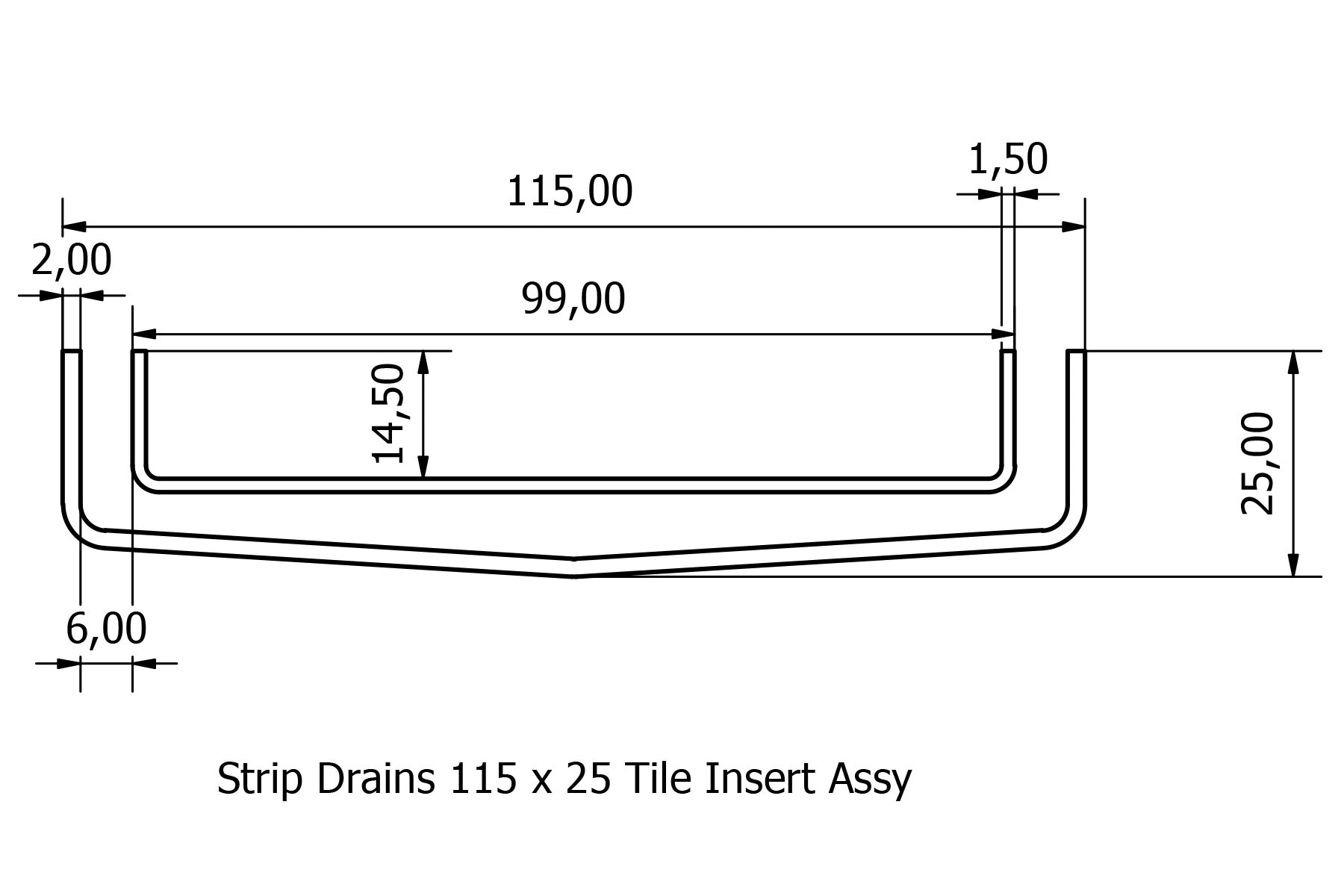 115mm x 25mm tile insert drain assembly diagram.