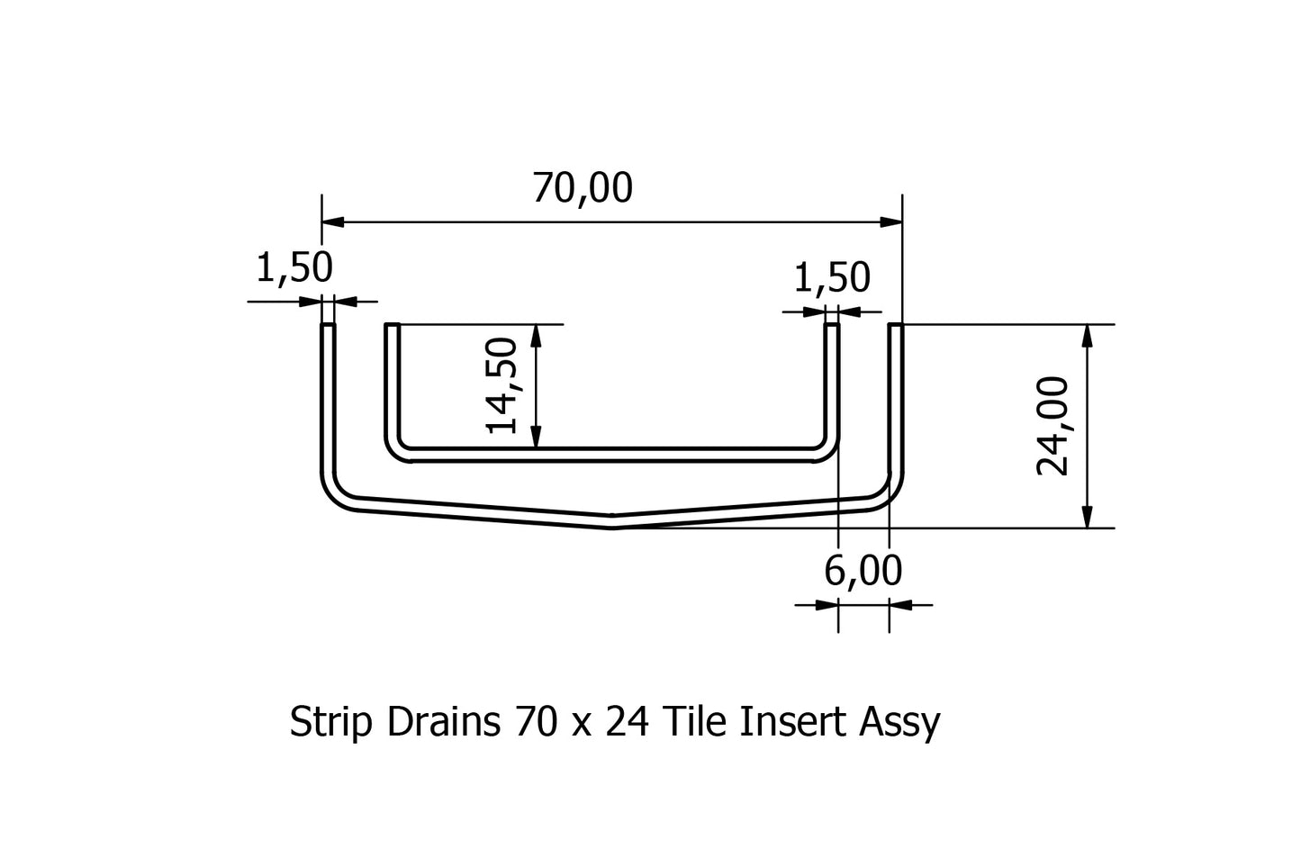 70mm x 24mm tile insert drain assembly diagram.