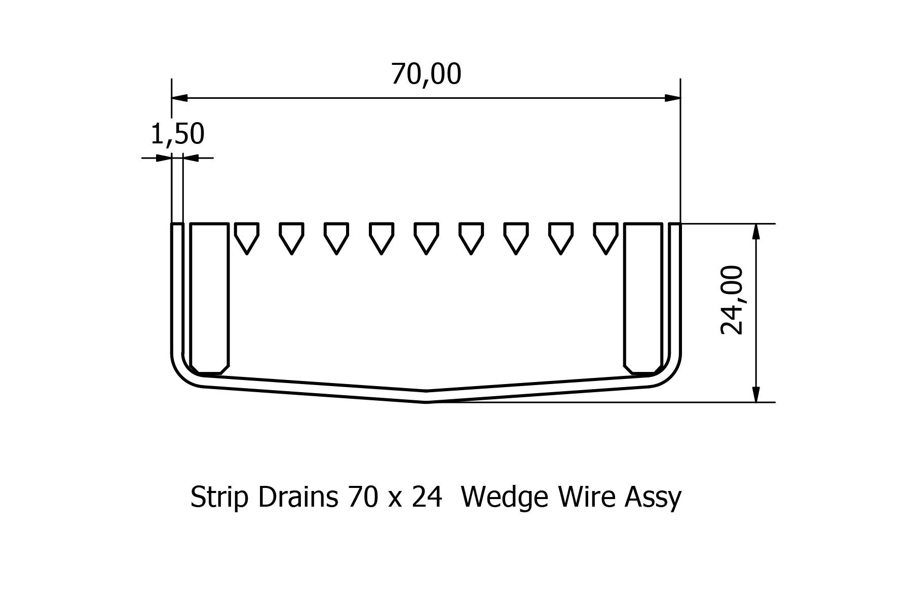 70 x 24mm wedge wire strip drain assembly diagram.