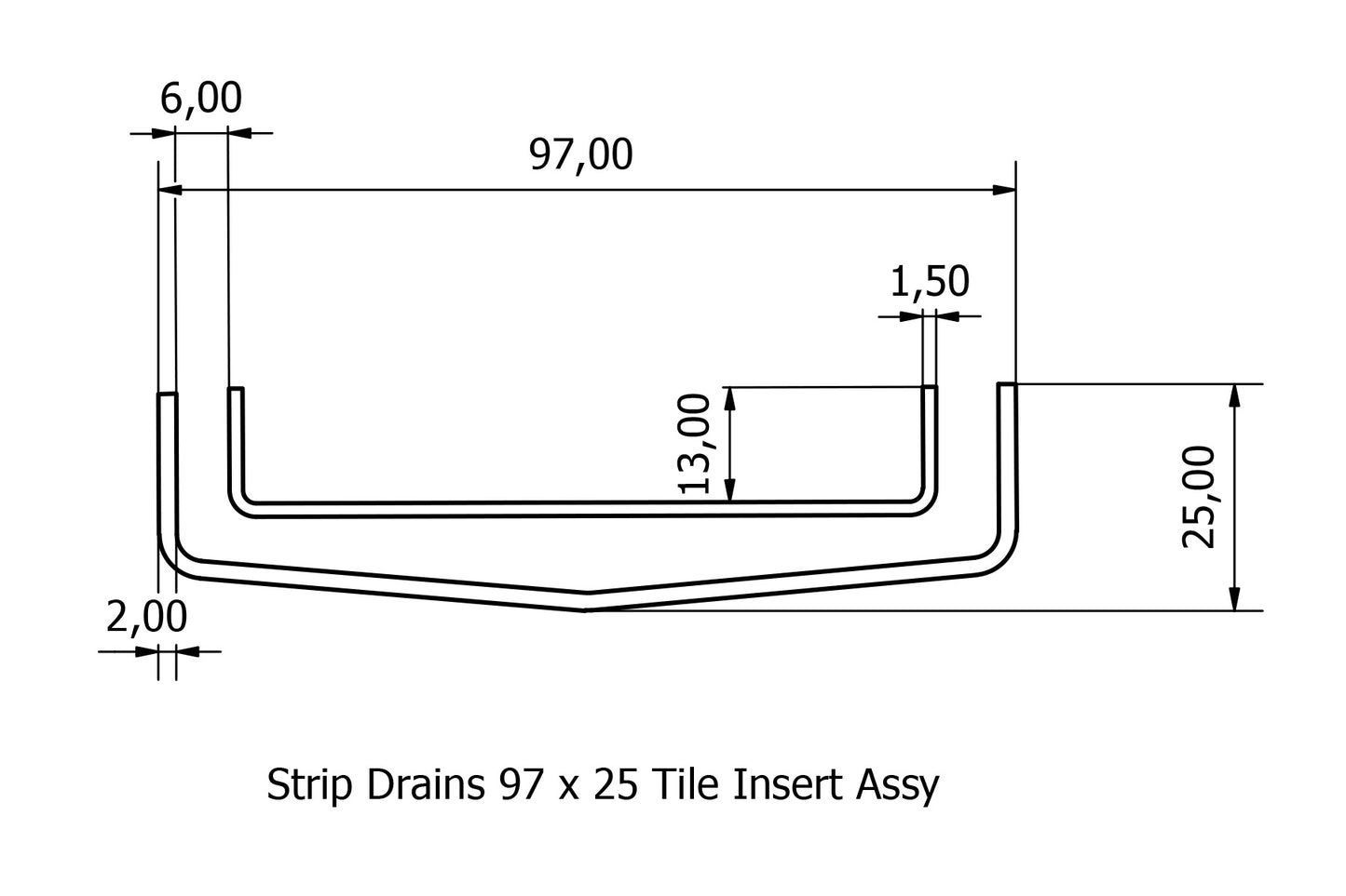 97mm tile insert strip drain assembly diagram.