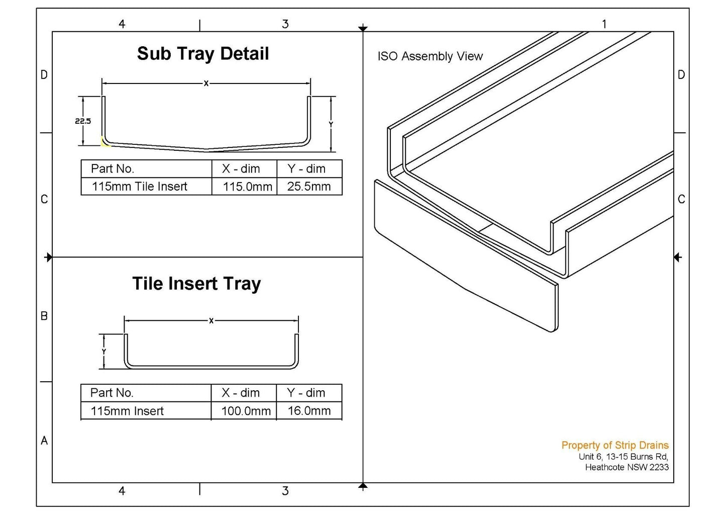 115mm x 25mm x 1.5mm Stainless Steel Tile Insert Strip Drain